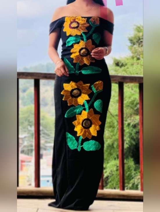 MEXICANA Dresses & Skirts - Black🌻 Sunflower 🌻Hand Embroidered with Silk metallic thread🧵 Maxi